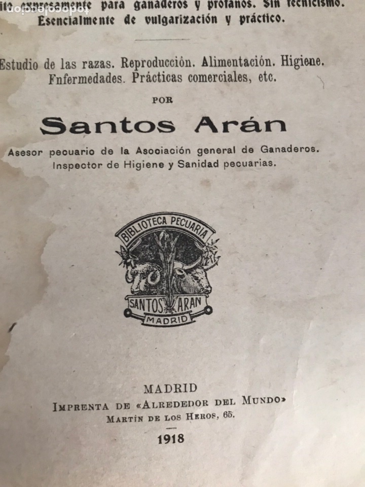 Libros antiguos: Ganado Vacuno. Santos Ar&aacute;n. 1918 - Foto 2