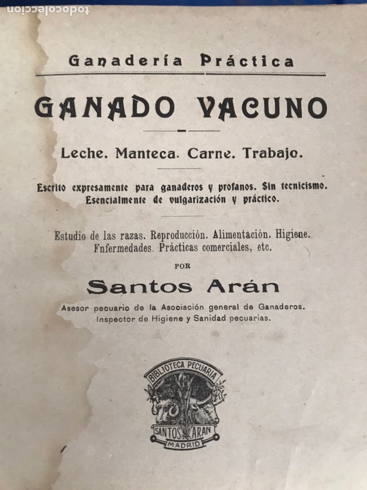 Libros antiguos: Ganado Vacuno. Santos Ar&aacute;n. 1918 - Foto 1