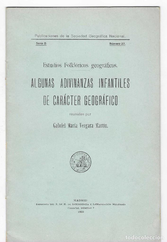 Libri antichi: ALGUNAS ADIVINANZAS INFANTILES DE CAR&Aacute;CTER GEOGR&Aacute;FICO. GABRIEL M&ordf; VERGARA MART&Iacute;N. 1933