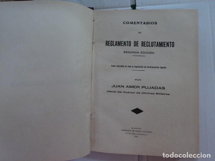 Libros antiguos: Comentarios al Reglamento de Reclutamiento - Juan Amer - Foto 2