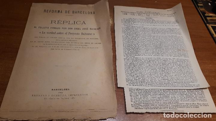 Livros antigos: 1883. REFORMA DE BARCELONA. R&Eacute;PLICA AL FOLLETO DE BAIXERAS: 'LA VERDAD SOBRE EL PROYECTO BAIXERAS'