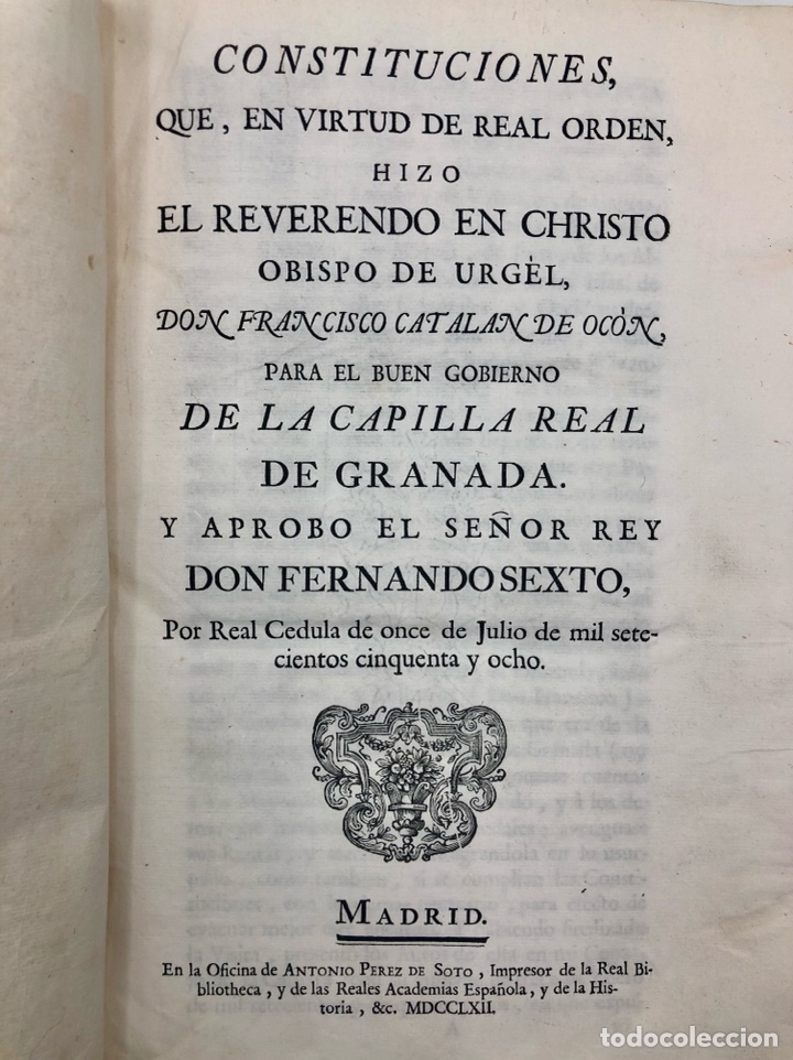 Libros antiguos: 1762, Constituciones Gobierno Capilla Real de Granada. Catalan de Ocon - Foto 2