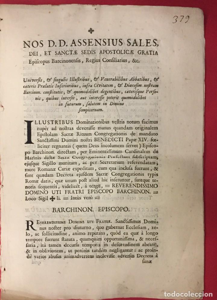 Old books: ASSENSIUS SALES DEI ET SANCTAE. BARCINONENSIS. BARCHINON EPISCOPO 1757