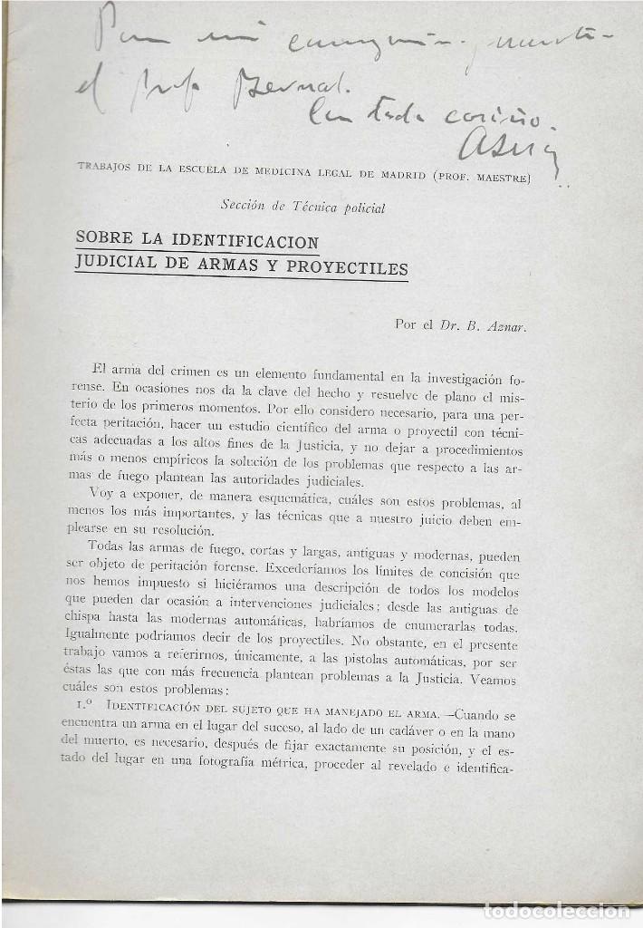 Libros antiguos: SOBRE LA IDENTIFICACI&Oacute;N JUDICIAL DE ARMAS Y PROYECTILES. BLAS AZNAR GONZ&Aacute;LEZ