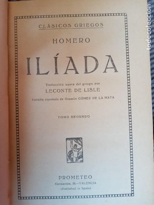 Libros antiguos: HOMERO. LA ILIADA. PROMETEO CA 1920. - Foto 3