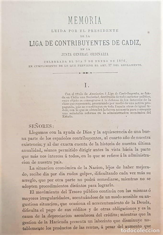 Libri antichi: MEMORIA le&iacute;da por el presidente de la liga de contribuyentes de C&aacute;diz, en la Junta General....