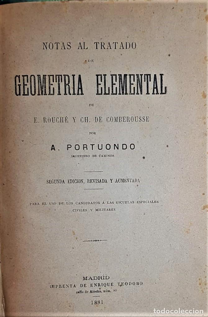 Libros antiguos: ROUCH&Eacute;, E. y COMBEROUSSE, CH. de. Notas al tratado de geometr&iacute;a elemental. Segunda edici&oacute;n,... - Foto 1