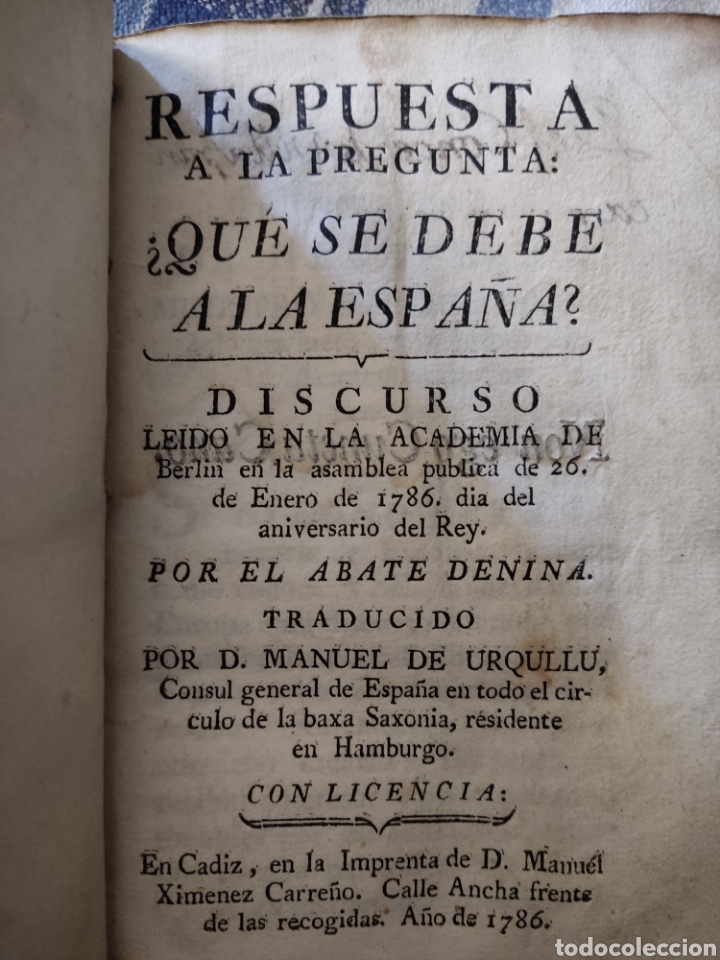 Antiquarische B&uuml;cher: Respuesta a la pregunta que se debe a la espa&ntilde;a manuel de urqullu 1786