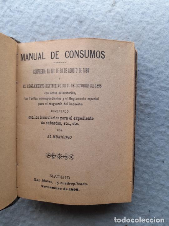 Libros antiguos: Manual de Consumos. Madrid. A&ntilde;o 1898. - Foto 2