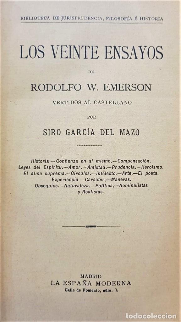 Antiquarische B&uuml;cher: W. EMERSON, Rodolfo. Los veinte ensayos. Madrid, La Espa&ntilde;a Moderna, 1922, 22 x 14 cm.,
