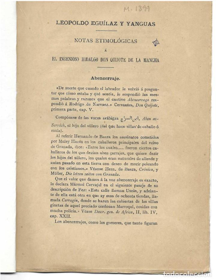 Libros antiguos: NOTAS ETIMOL&Oacute;GICAS A EL INGENIOSO HIDALGO DON QUIJOTE DE LA MANCHA. L. EGU&Iacute;LAZ Y YANGUAS