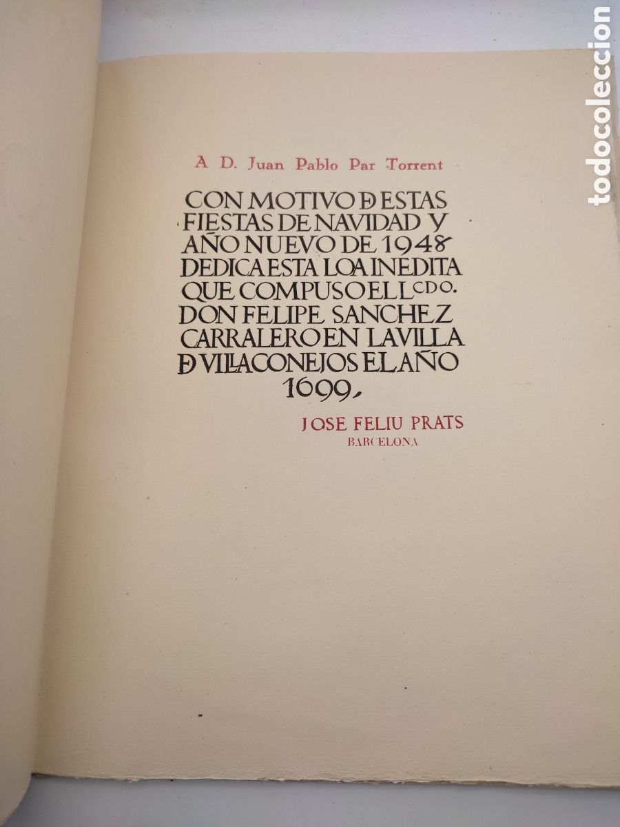 Old books: Facs&iacute;mil Loa in&egrave;dita de don Felipe Sanches 1699 editado Bibli&oacute;filos de Barcelona 1948