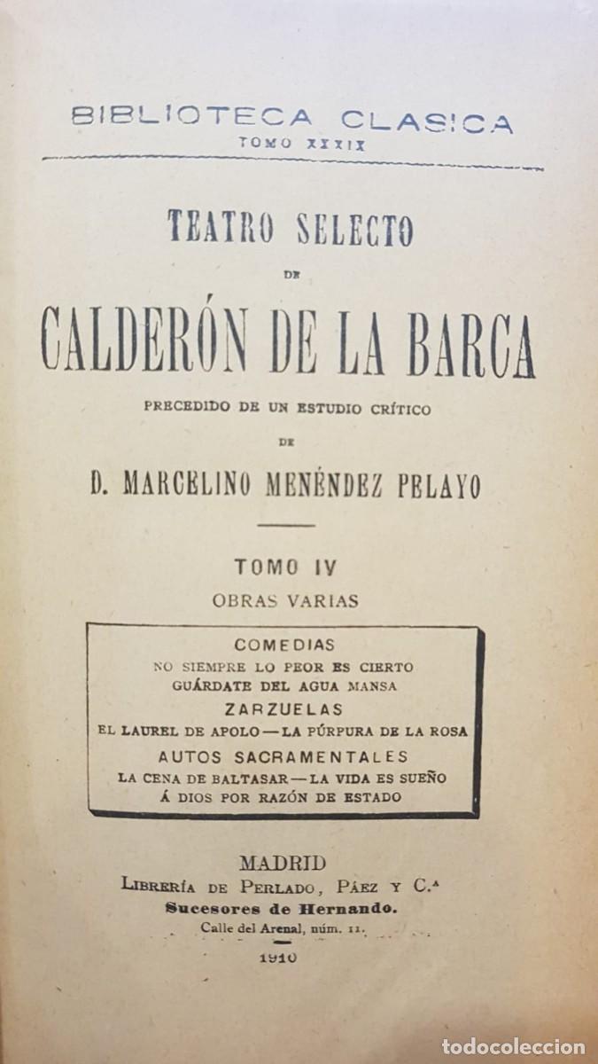 Libros antiguos: CALDERON DE LA BARCA, Pedro. Teatro selecto de Calder&oacute;n de la Barca. .... - Foto 1