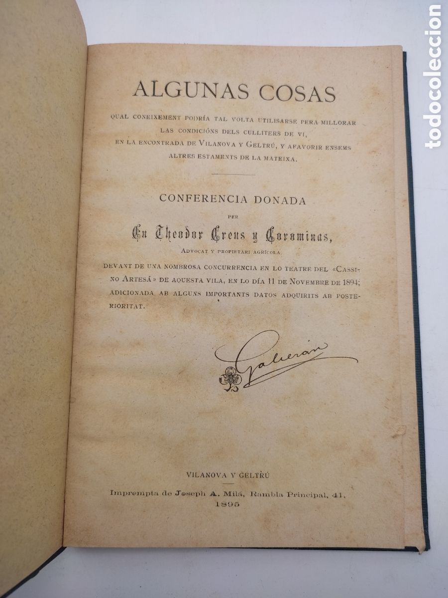 Libri antichi: Algunas cosas pel coneixamnent dels culliters de vi 1895 Vilanova Geltr&uacute;