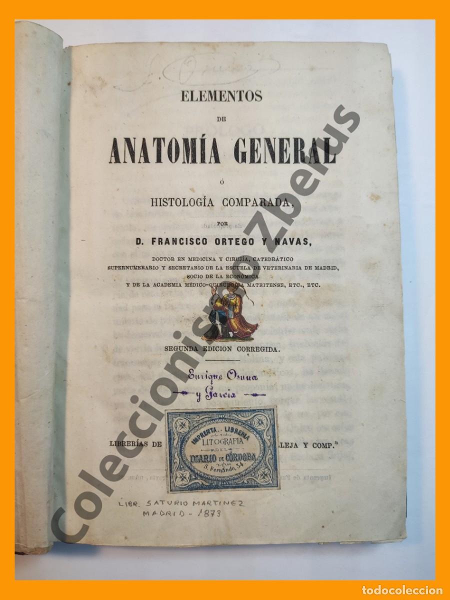 Libros antiguos: Elementos de Anatomia General o Histologia Comparada - Francisco Ortego y Navas - Foto 3