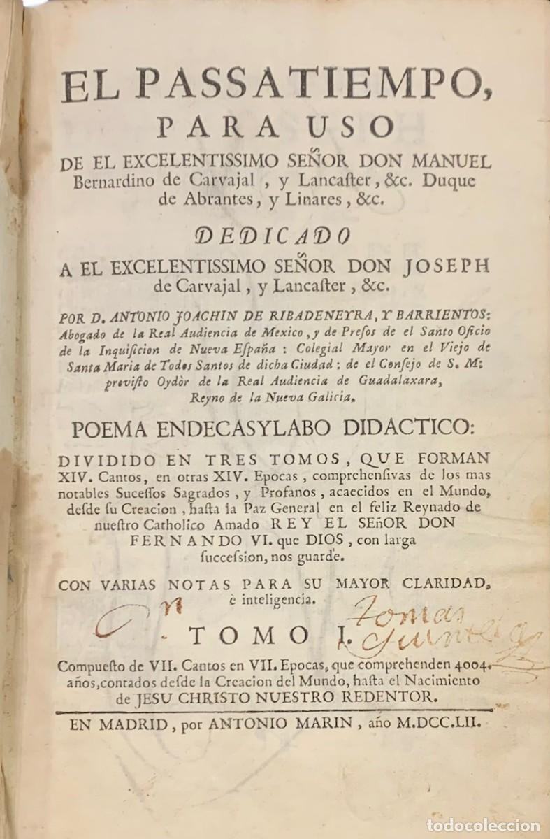 Libri antichi: El Passatiempo. Tomo I. Antonio Joachin de Ribadeneyra y Barrientos