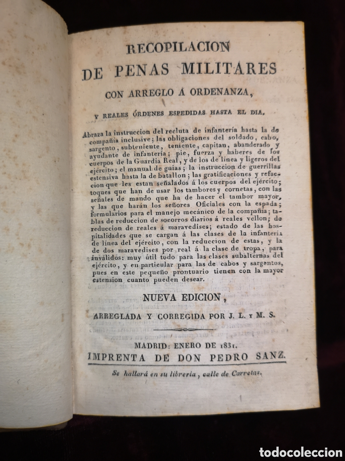 Old books: RECOPILACI&Oacute;N DE PENAS MILITARES CON ARREGLO A ORDENANZA - A&Ntilde;O 1831