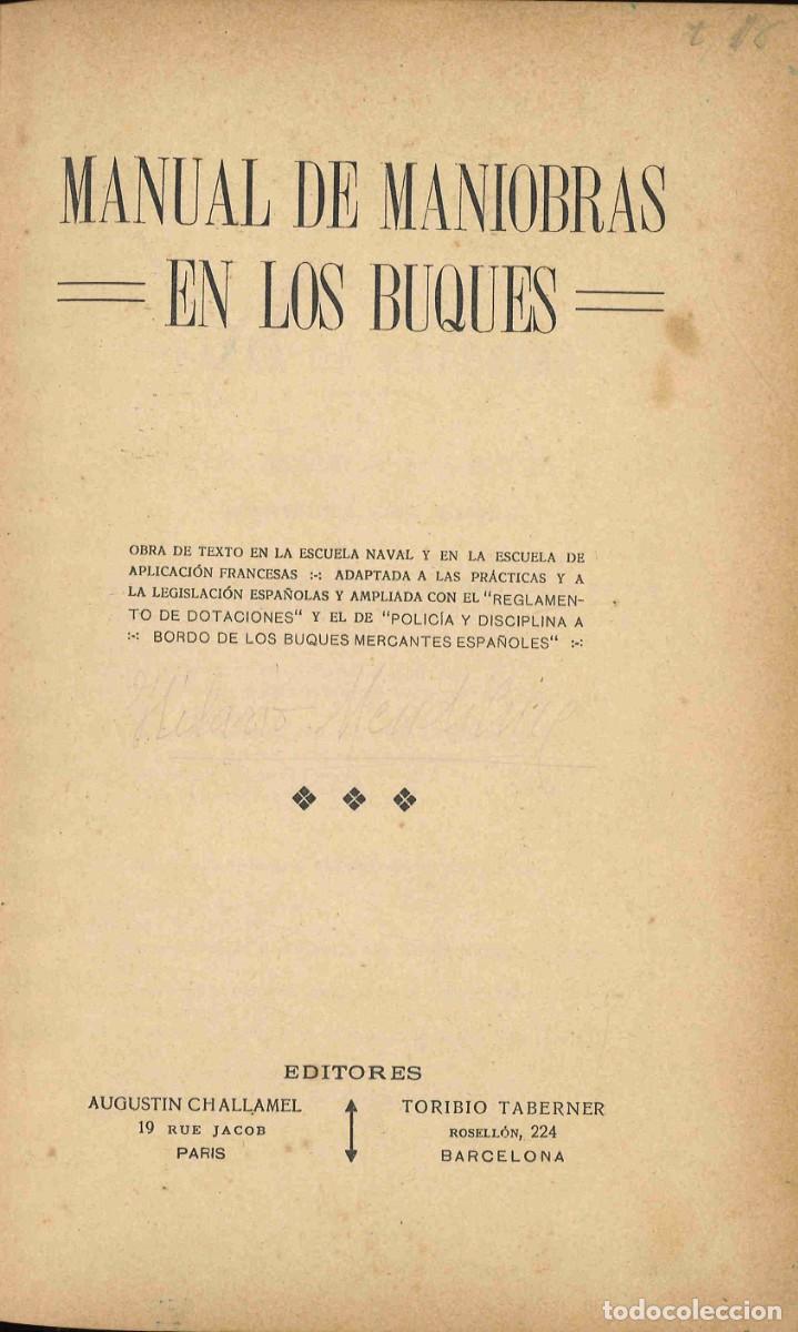 Libros antiguos: Manual de maniobras en los buques. Toribio Taberner. Barcelona - Foto 2