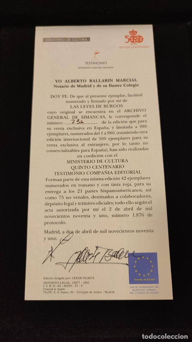 Libros antiguos: Facs&iacute;mil Leyes de Burgos - Foto 3