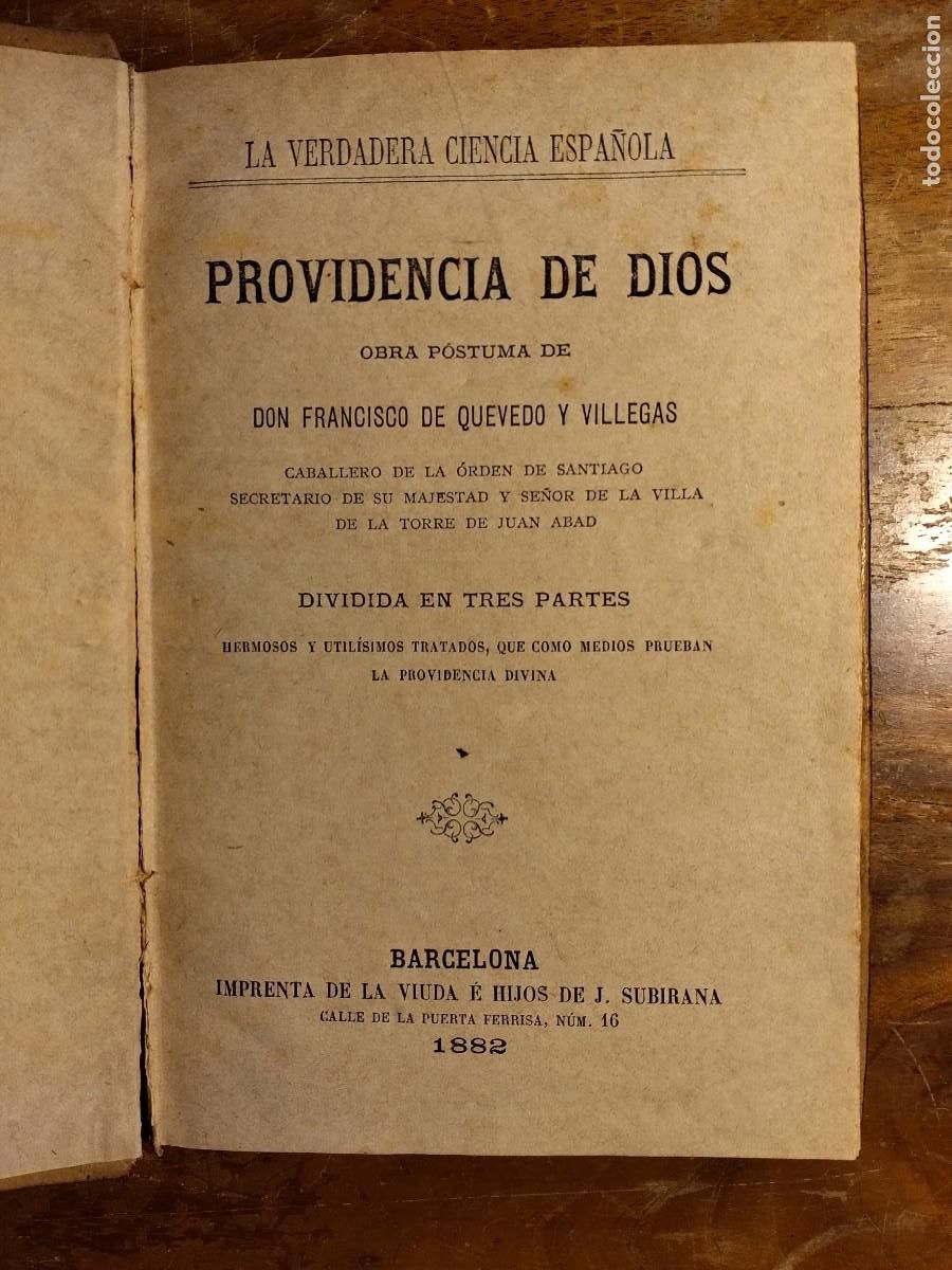 Libros antiguos: Providencia de Dios Quevedo 1882 - Foto 4