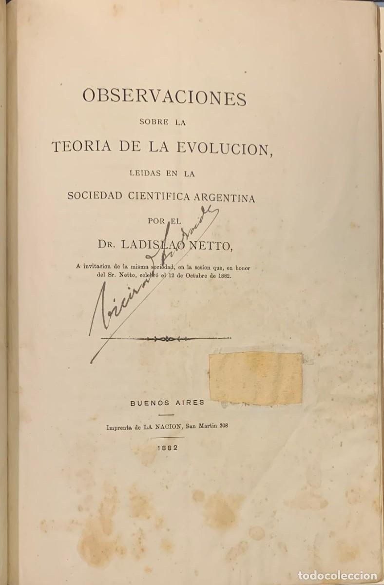 Libros antiguos: Observaciones de la Teoria de la Evoluci&oacute;n. Ladislao Netto - Foto 2