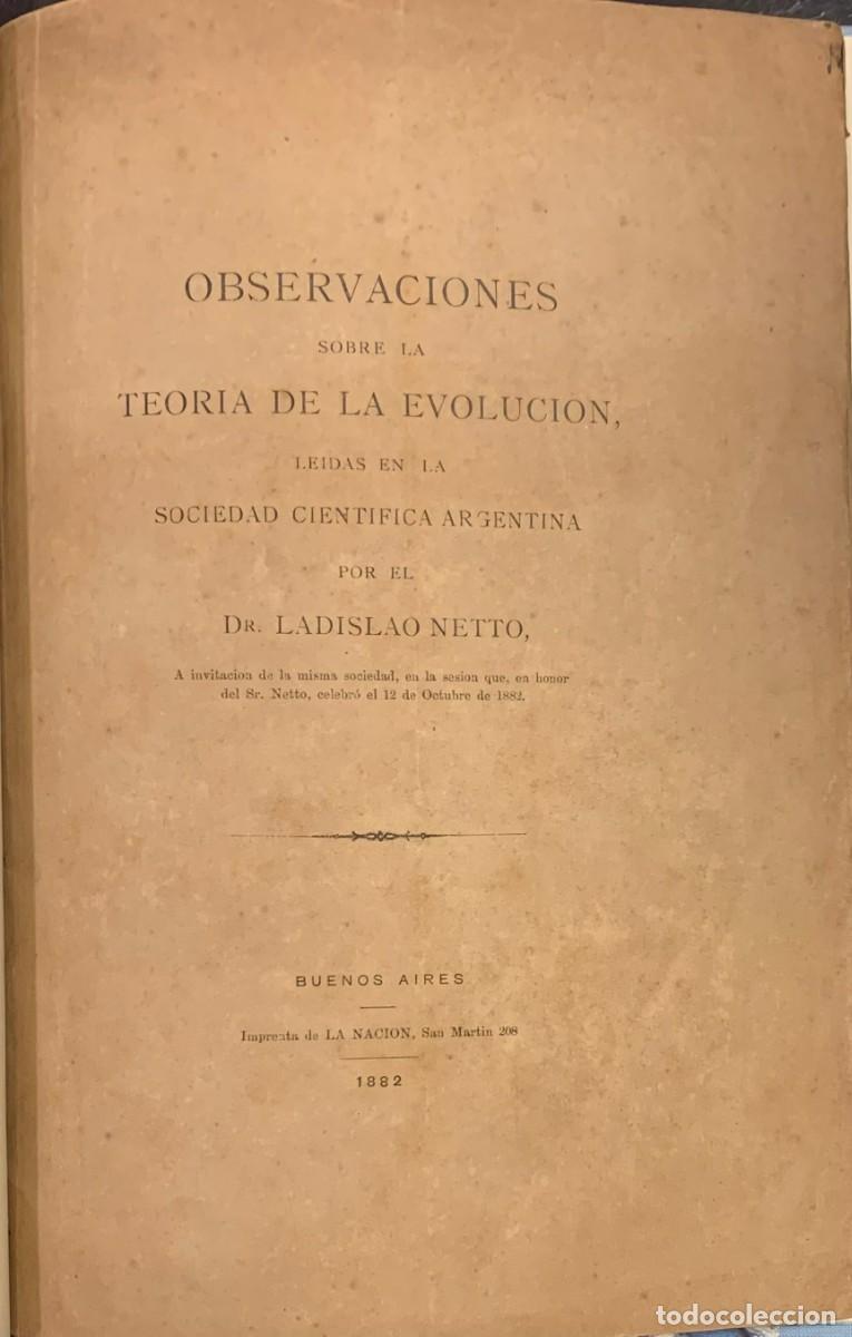 Libros antiguos: Observaciones de la Teoria de la Evoluci&oacute;n. Ladislao Netto - Foto 1