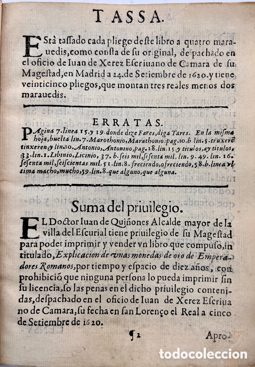 Libros antiguos: 1620. Qui&ntilde;ones. Explicaci&oacute;n de unas monedas de oro&hellip; - Foto 5
