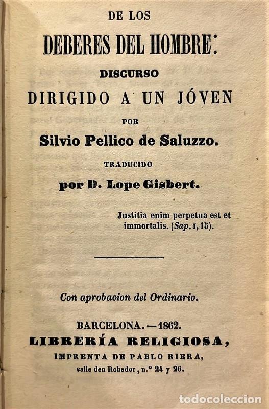 Libros antiguos: PELLICO DE SALUZZO, Silvio. De los deberes del hombre: discurso dirigido a un joven.