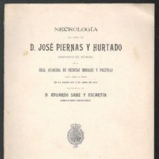 Libros antiguos: SANZ Y ESCARTIN, E: NECROLOGIA DEL ILMO. SR. D. JOSE PIERNAS Y HURTADO. 1912