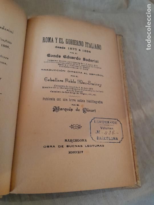 Libros antiguos: ROMA Y EL GOBIERNO ITALIANO - A&Ntilde;O 1895 - CONDE E.SODERINI. - Foto 2