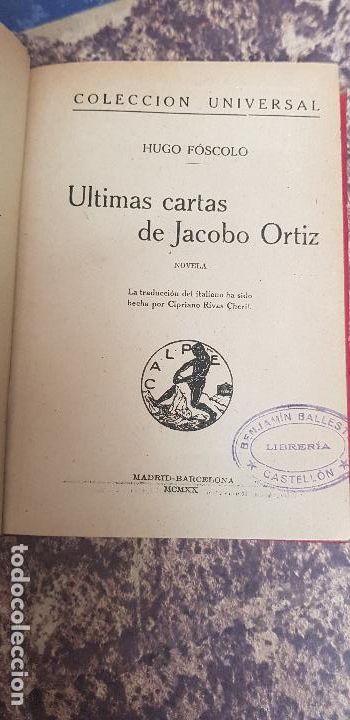Libri antichi: ULTIMAS CARTAS DE JACOBO ORTIZ-HUGO FOSCOLO 1920
