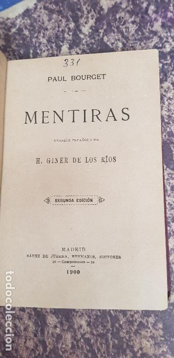 Old books: MENTIRAS-PAUL BOURGET -A&Ntilde;O-1900