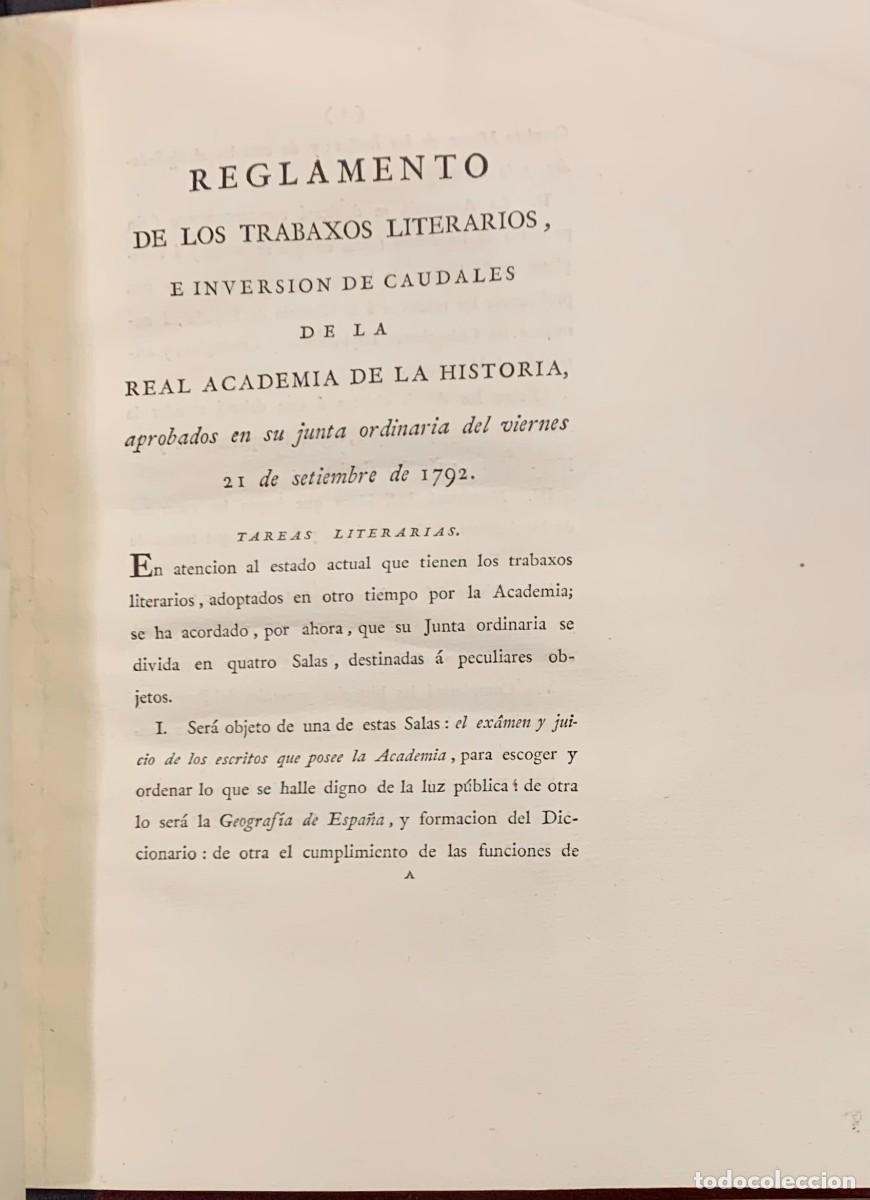 Livros antigos: Reglamento de los Trabajos Literarios e Inversi&oacute;n de Caudales de la Real Academia de la Historia apr