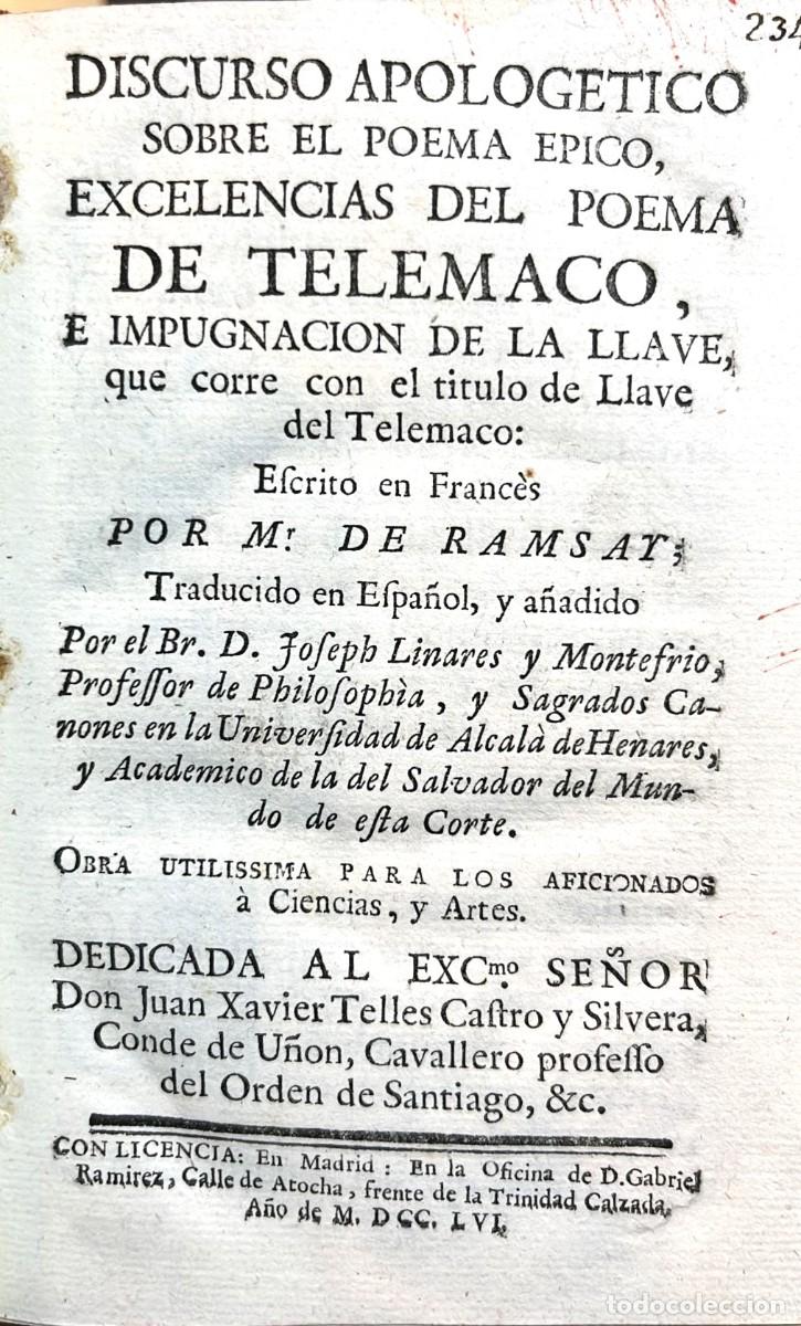 Libros antiguos: RAMSAY, Mr. de. Discurso apolog&eacute;tico sobre el poema &eacute;pico, Excelencias del poema de Tel&eacute;maco...