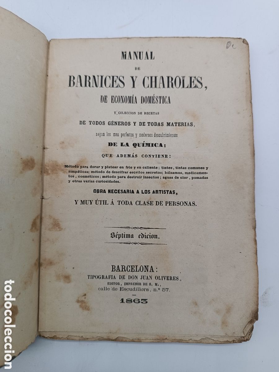 Libros antiguos: Manual de barnices y charoles 1863 Barcelona - Foto 1
