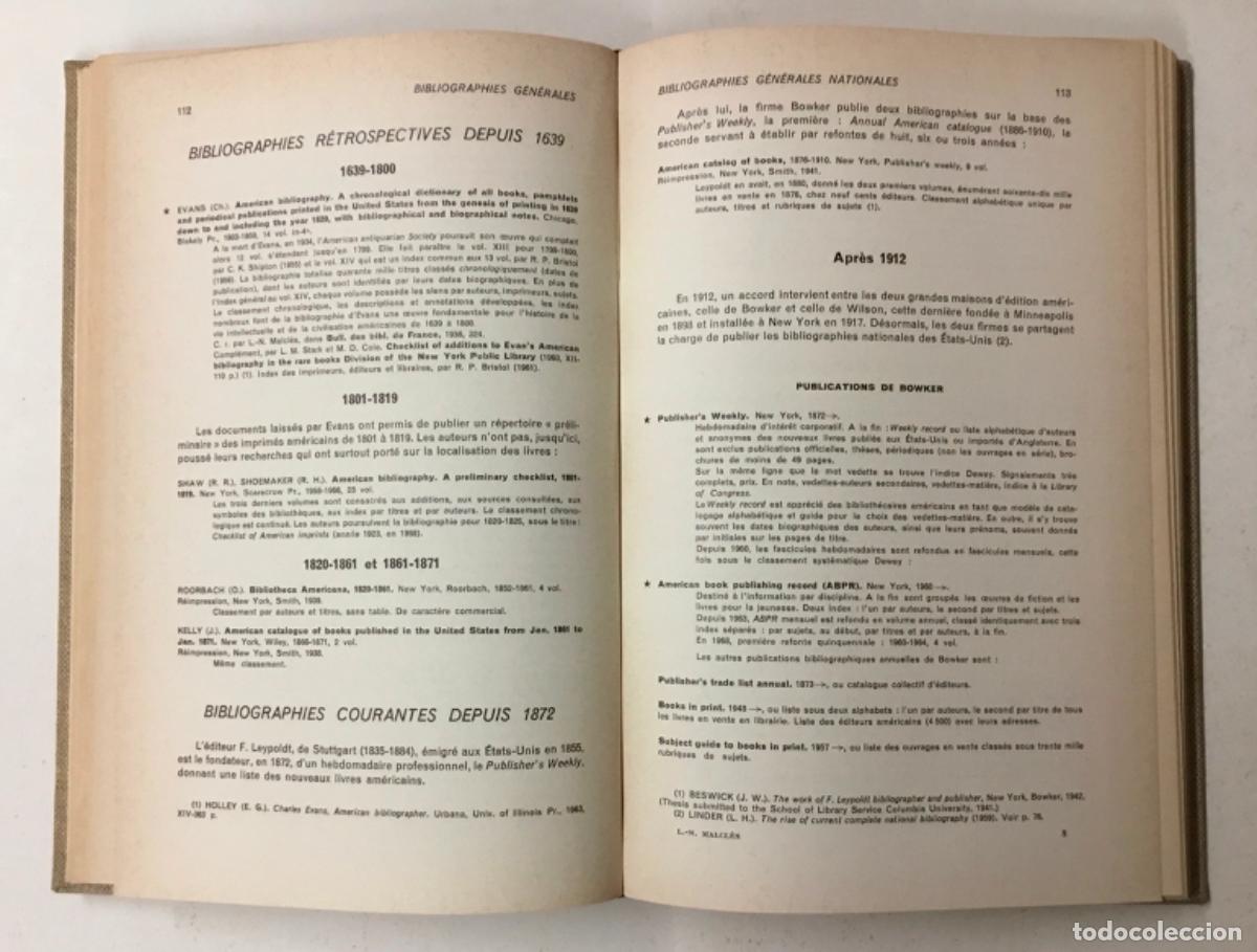 Libros antiguos: MALCL&Egrave;S, Louise-No&euml;lle. MANUEL DE BIBLIOGRAPHIE. - Foto 3