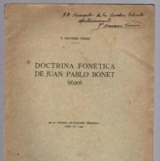 Libros antiguos: DOCTRINA FONETICA DE JUAN PABLO BONET (1620). T. NAVARRO TOMS. AÑO 1920