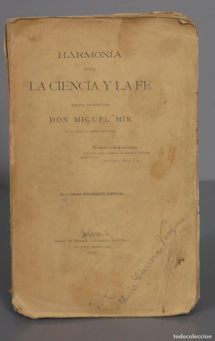 Libros antiguos: HARMONIA ENTRE LA CIENCIA Y LA FE. MIR. 1892 - Foto 1