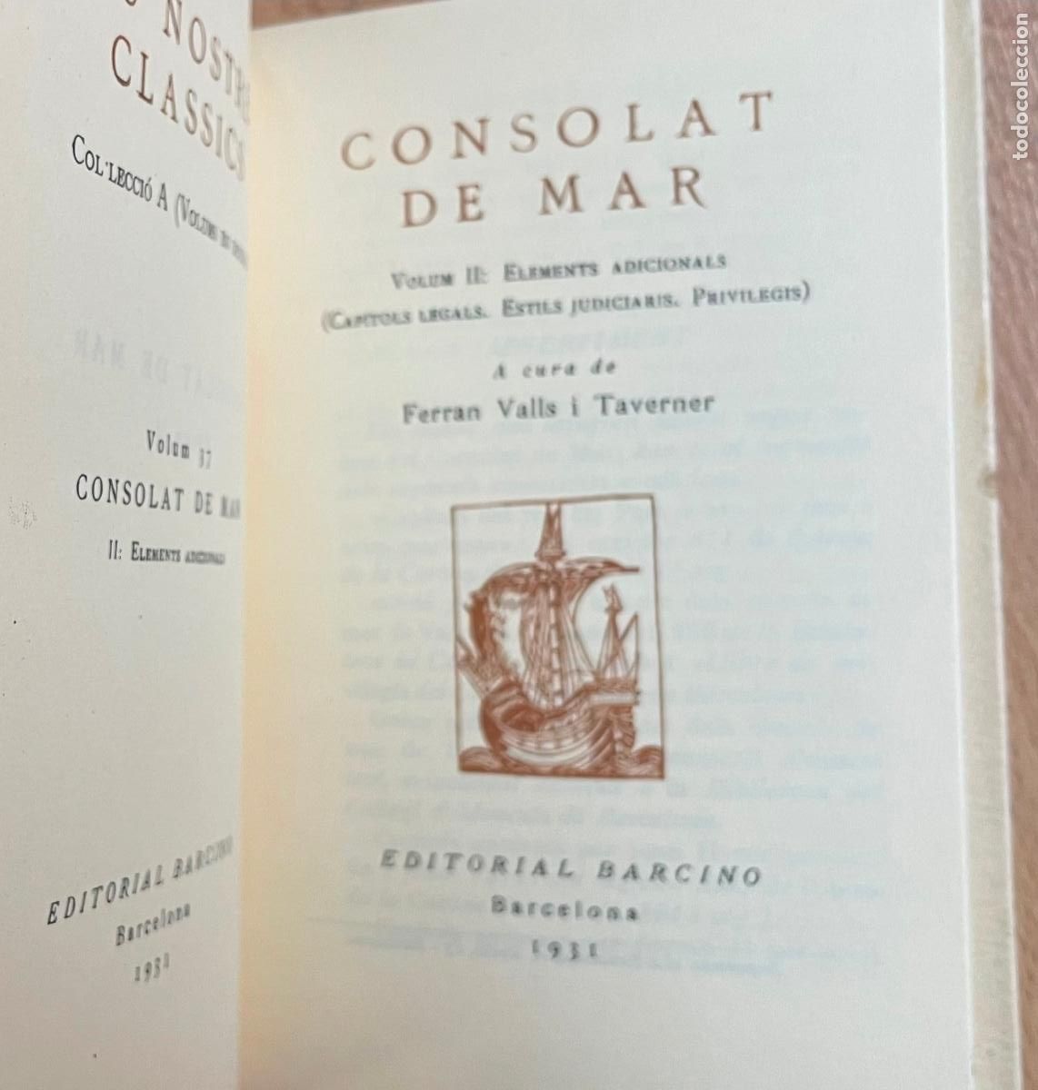 Libros antiguos: CONSOLAT DE MAR Volumen 2, 1931 EN CATALAN - Foto 1
