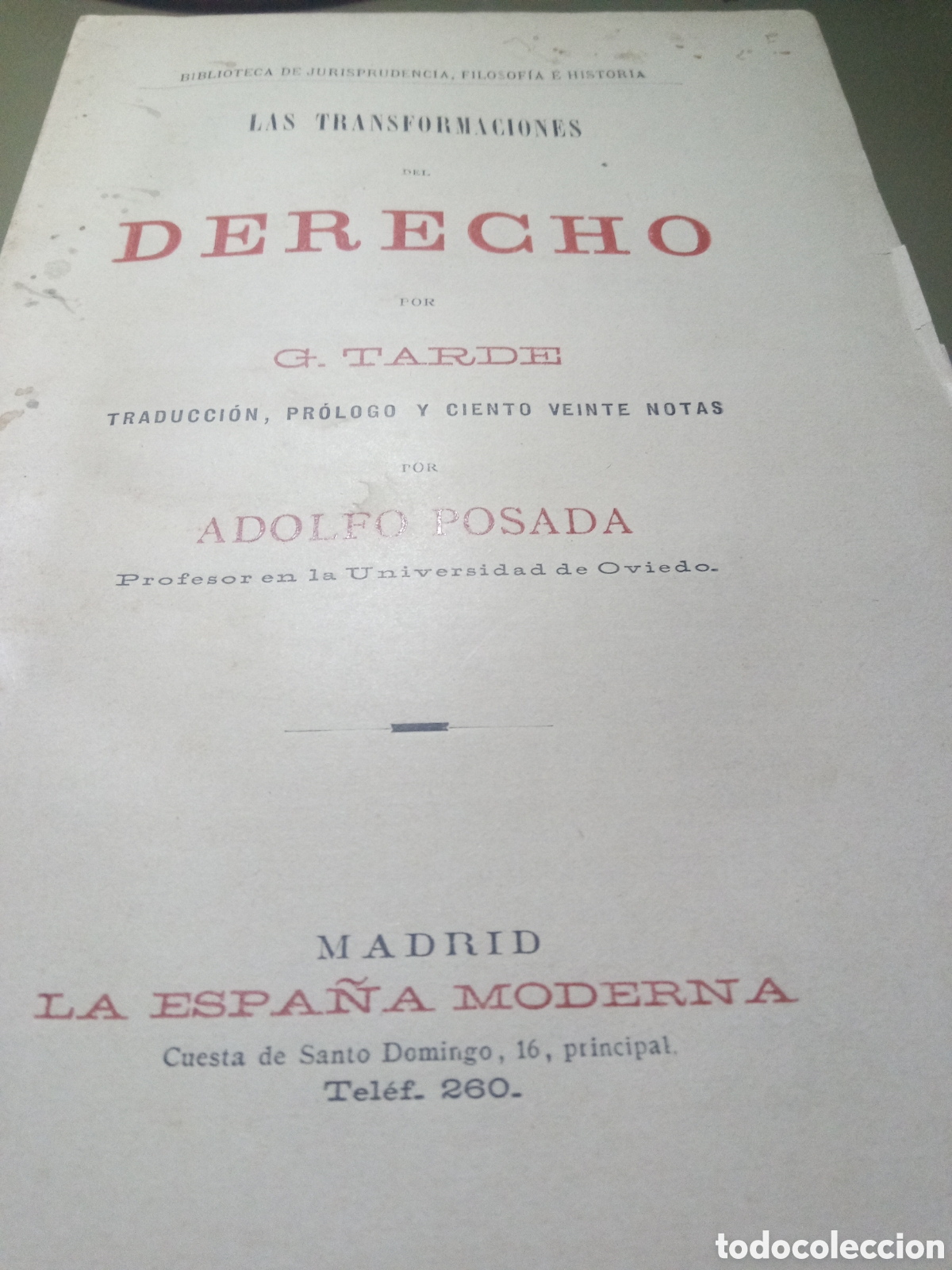 Libros antiguos: Las transformaciones del derecho. Gabriel Tarde. Espa&ntilde;a moderna - Foto 1