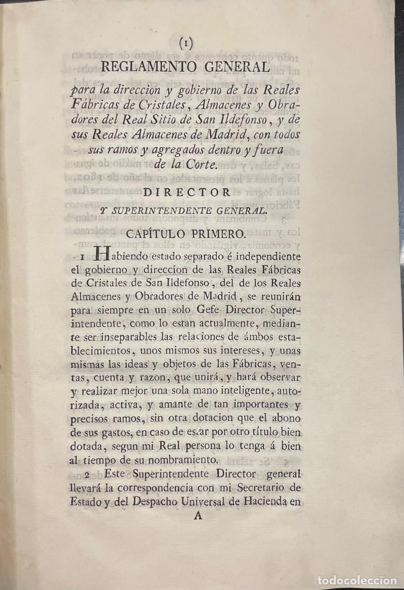 Libros antiguos: Reglamento General para la direcci&oacute;n y gobierno de las Reales F&aacute;bricas de Cristales, Almacenes y Obr
