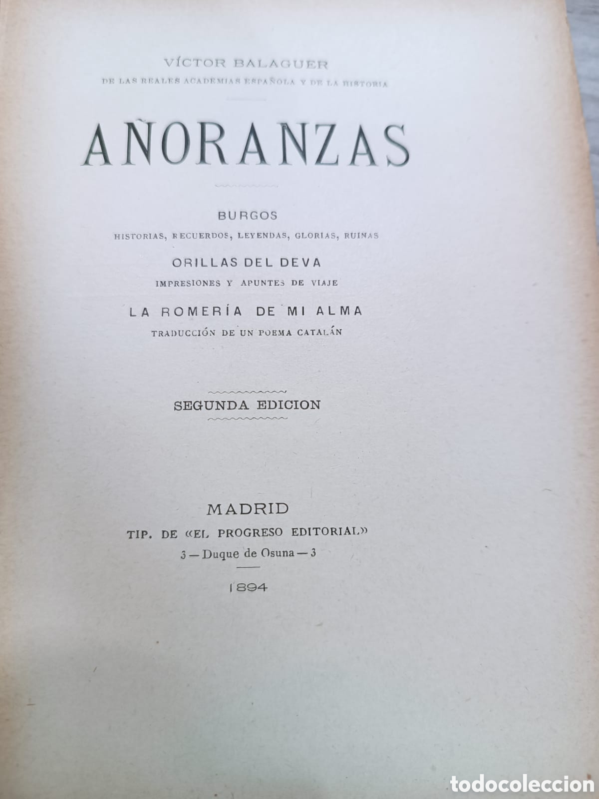 Libros antiguos: A&ntilde;oranzas, V.Balaguer 1894 - Foto 2