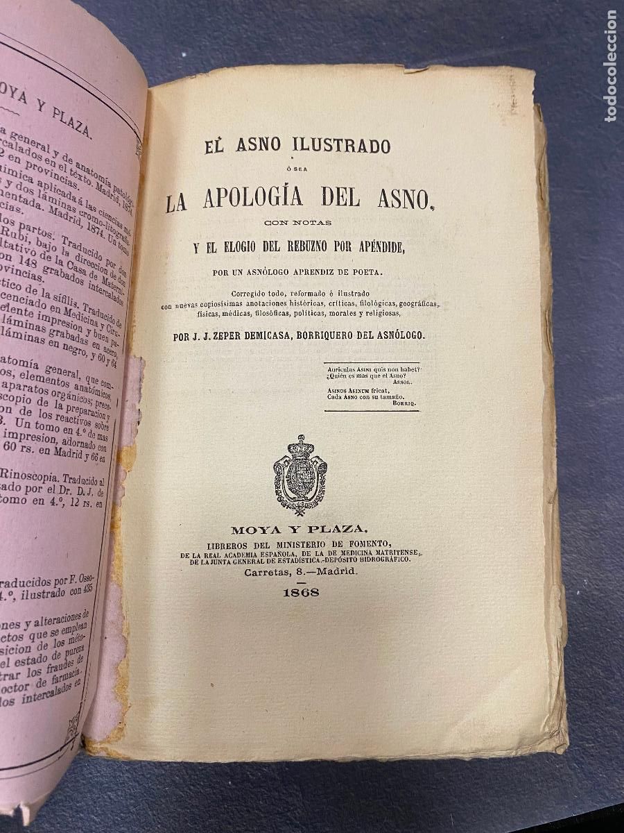 Old books: El asno ilustrado o sea la apolog&iacute;a del asno con notas y elogio del rebuzno- Zeper demicasa, 1868