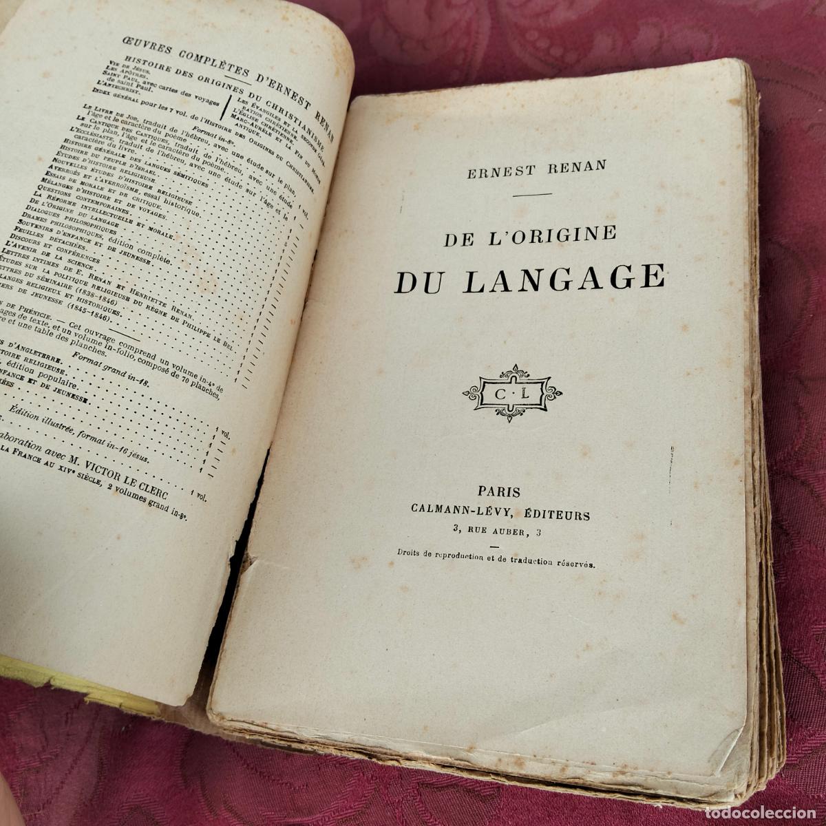 Libros antiguos: De lorigine du langage Ernest Renan - Foto 5
