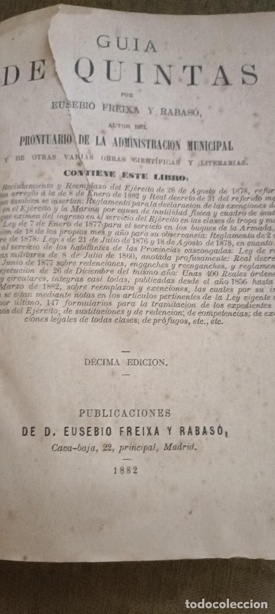 Libros antiguos: Guia de Quintas 1882 - Foto 2