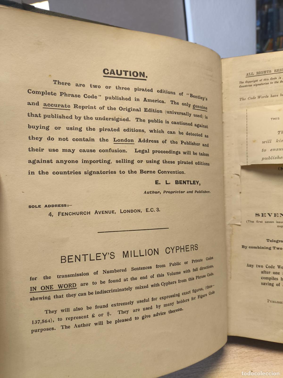 Libros antiguos: Bentleys Complete Phrase Code, No. 50260 - LIBRO DE CODIGOS BENTLEY EDICI&Oacute;N NUMERADA A&Ntilde;O 1921 - E. - Foto 7