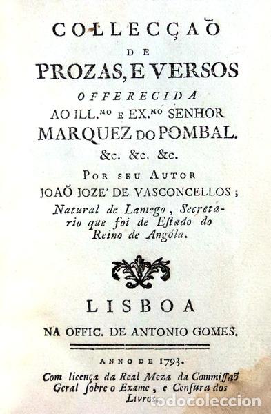 Libros antiguos: VASCONCELLOS. (Jo&atilde;o Jos&eacute; de) - COLLEC&Ccedil;A&Otilde; DE PROZAS, E VERSOS - Foto 1