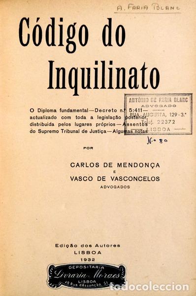 Libros antiguos: MENDON&Ccedil;A. (Carlos de) e Vasco VASCONCELOS. - C&Oacute;DIGO DO INQUILINATO. - Foto 1