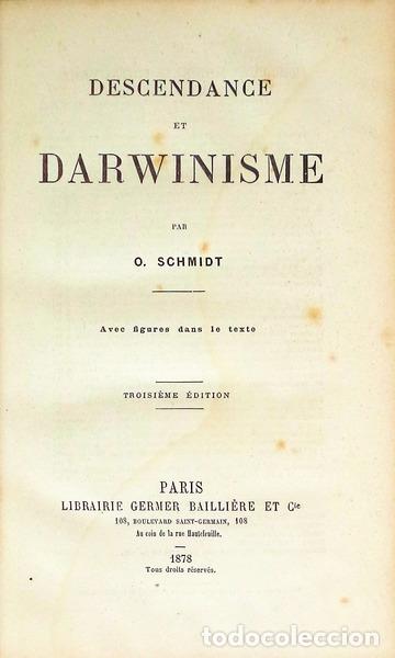 Libros antiguos: SCHMIDT. (O.) - DESCENDANCE ET DARWINISME. - Foto 2