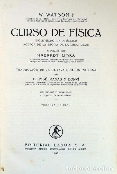 Libros antiguos: WATSON. (W.) - CURSO DE F&Iacute;SICA. - Foto 2